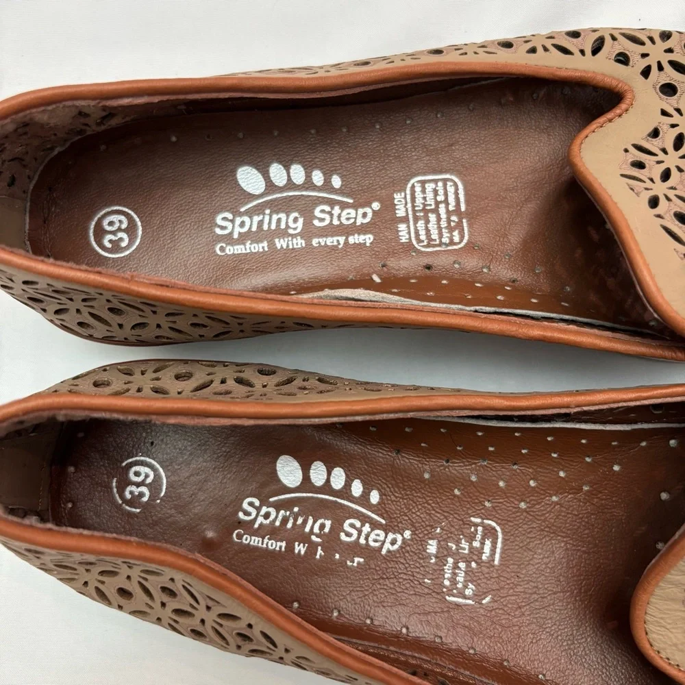 Spring Step Tulisa Slip On Brown Perforated Leather Flats Size 8